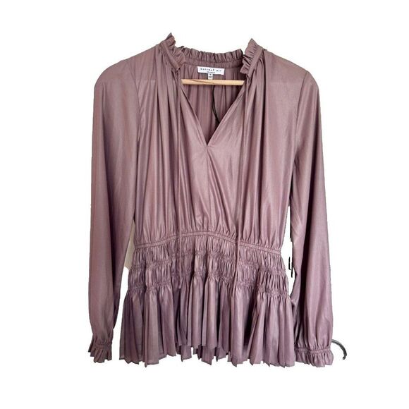 Current Air Smocked Waist Long Sleeve Blouse Smokey Amethyst Tie Neck Med - Picture 1 of 9